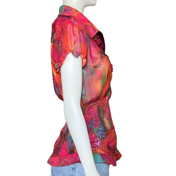 Vintage Y2K Apple Bottom Colorful Psychedelic Sheer Blouse Top Trashy2K M/L Pink - Picture 5 of 13